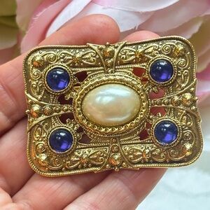Vintage Gold Brooch with Faux Pearl Center and Blue Stones